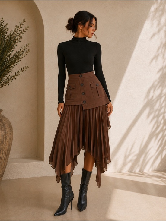 Commense Dresses & Skirts - Commense Asymmetrical Pleated Midi Skirt in Chocolate Brown